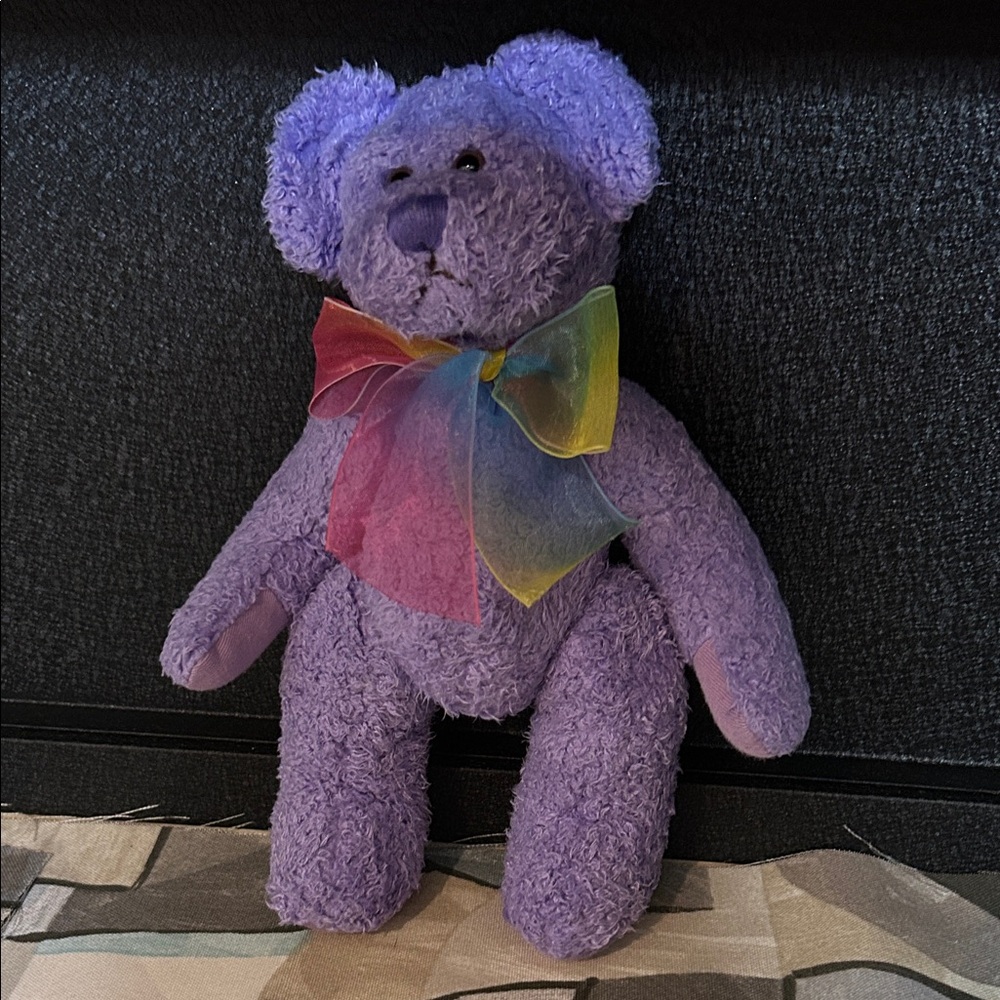 Purple Stuffed Bear with Rainbow Bow
